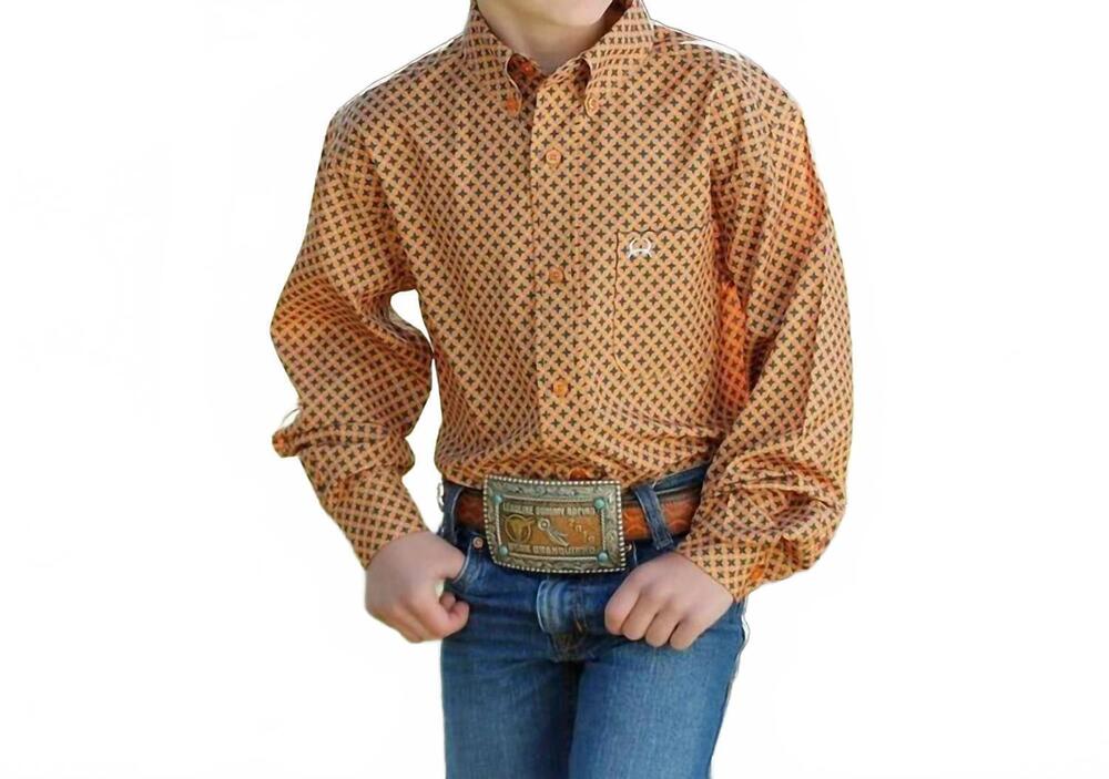 NEW CINCH boys arena flex print long sleeve button down shirt in orange